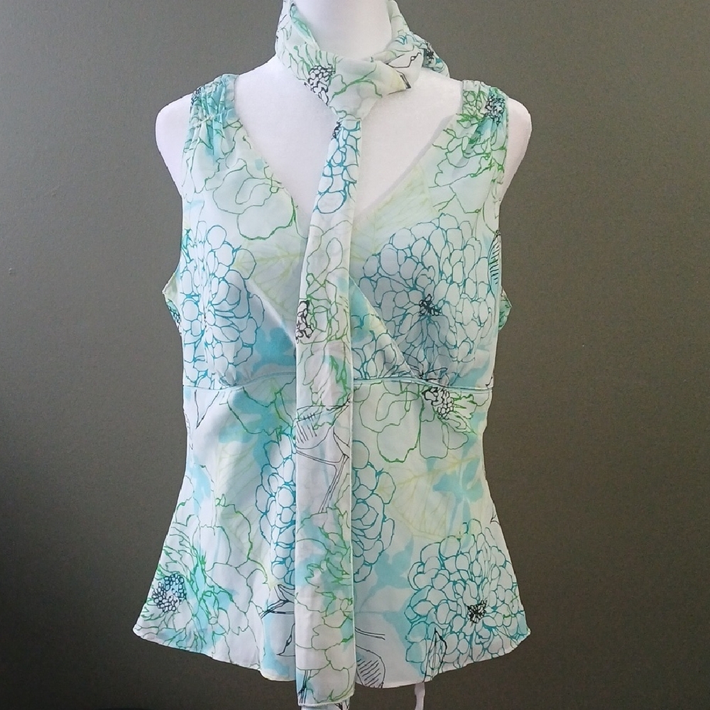 Nine & Co. Floral Sleeveless Blouse with Scarf - Blue and White